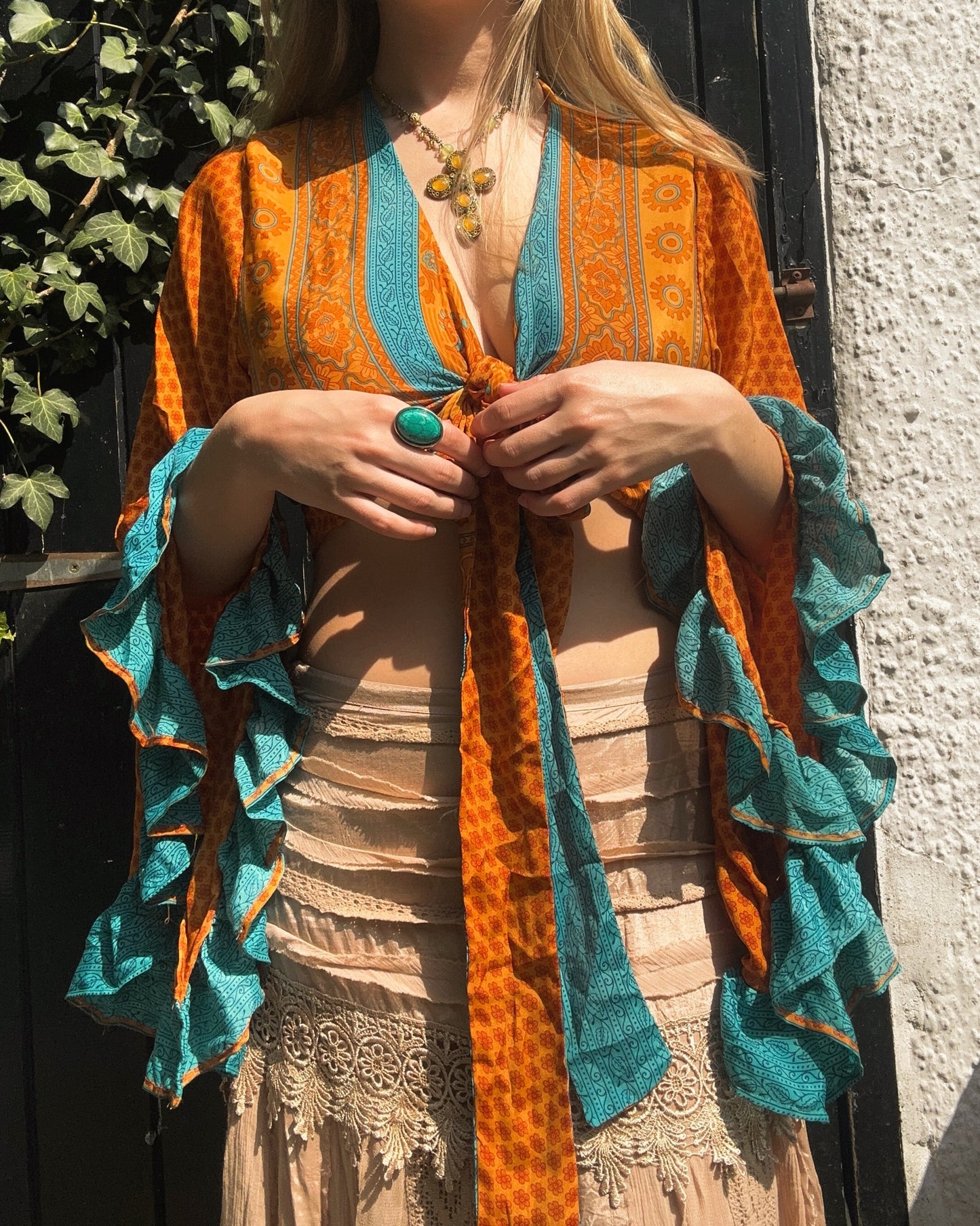 Ruffle Wrap Top in Sky