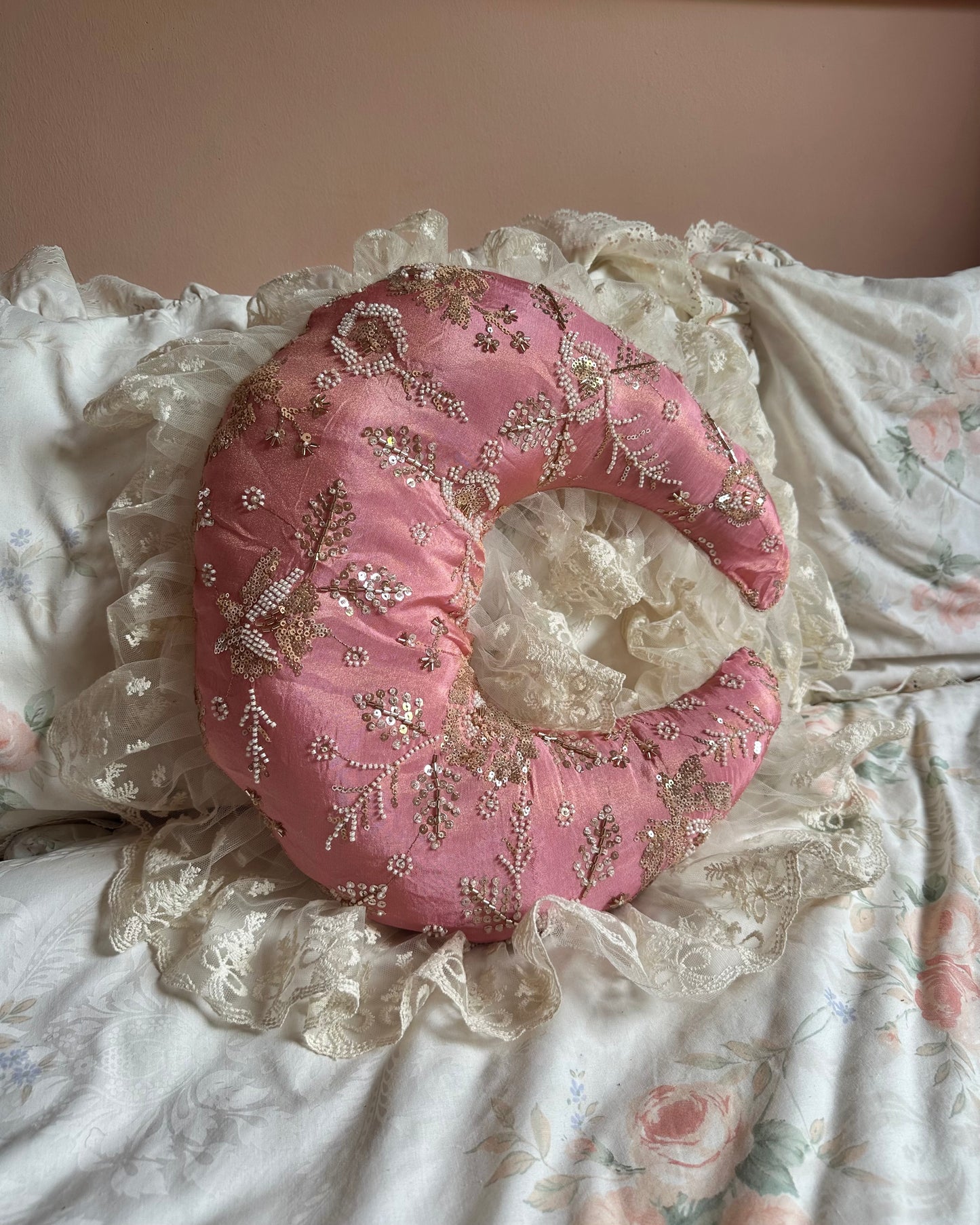 Moon Shaped Lace Pillow in Pink Moon