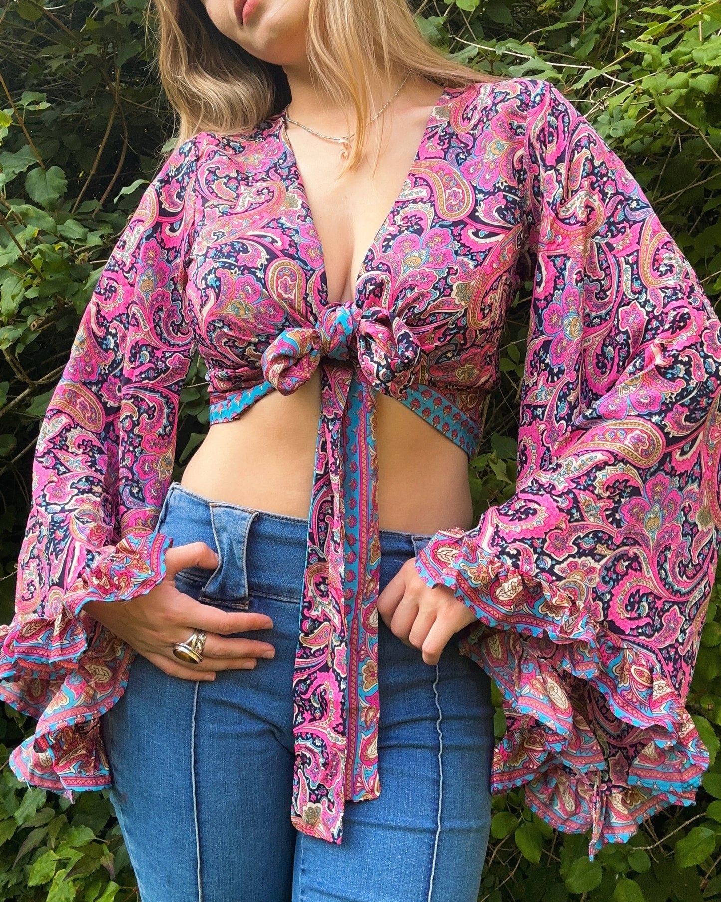 Ruffle Wrap Top in Pink Paisley