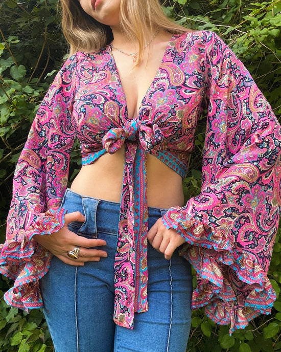 Ruffle Wrap Top in Pink Paisley