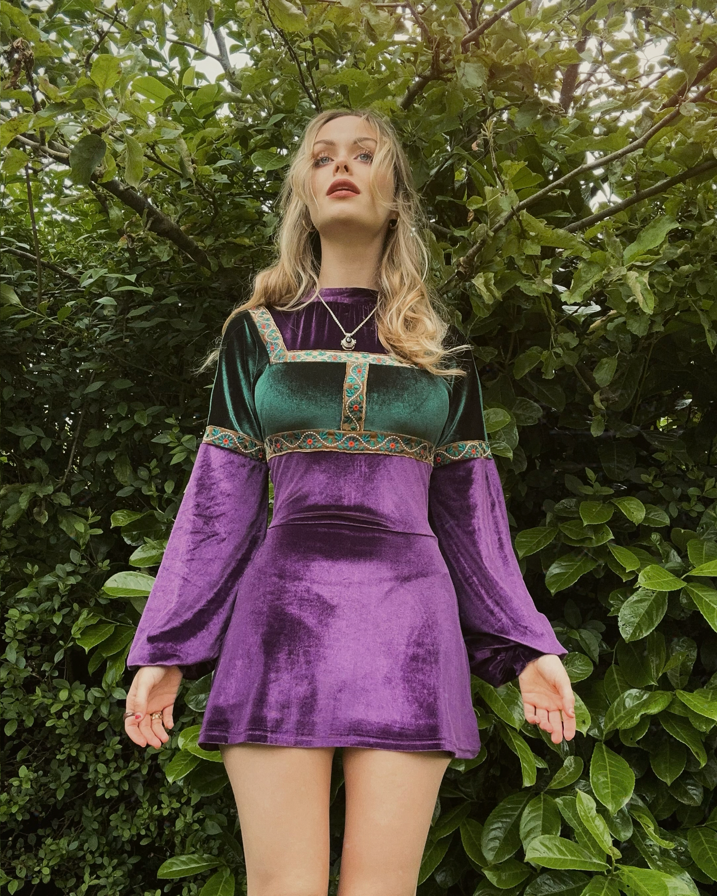 Medieval Mini-Dress in Purple and Emerald Green Boogie Child Medieval Mini-Dress in Purple and Emerald Green Boogie Child