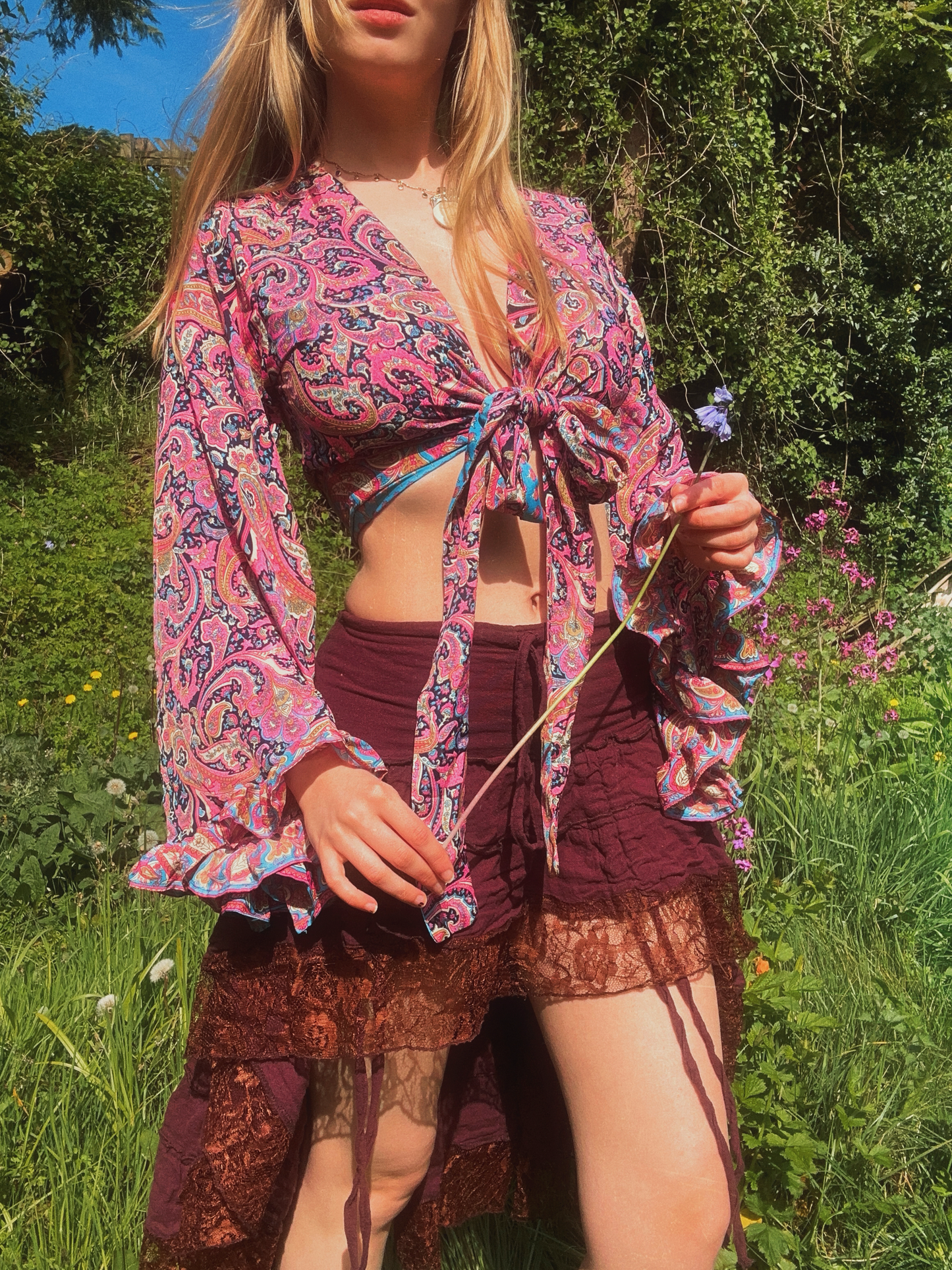 Ruffle Wrap Top in Pink Paisley