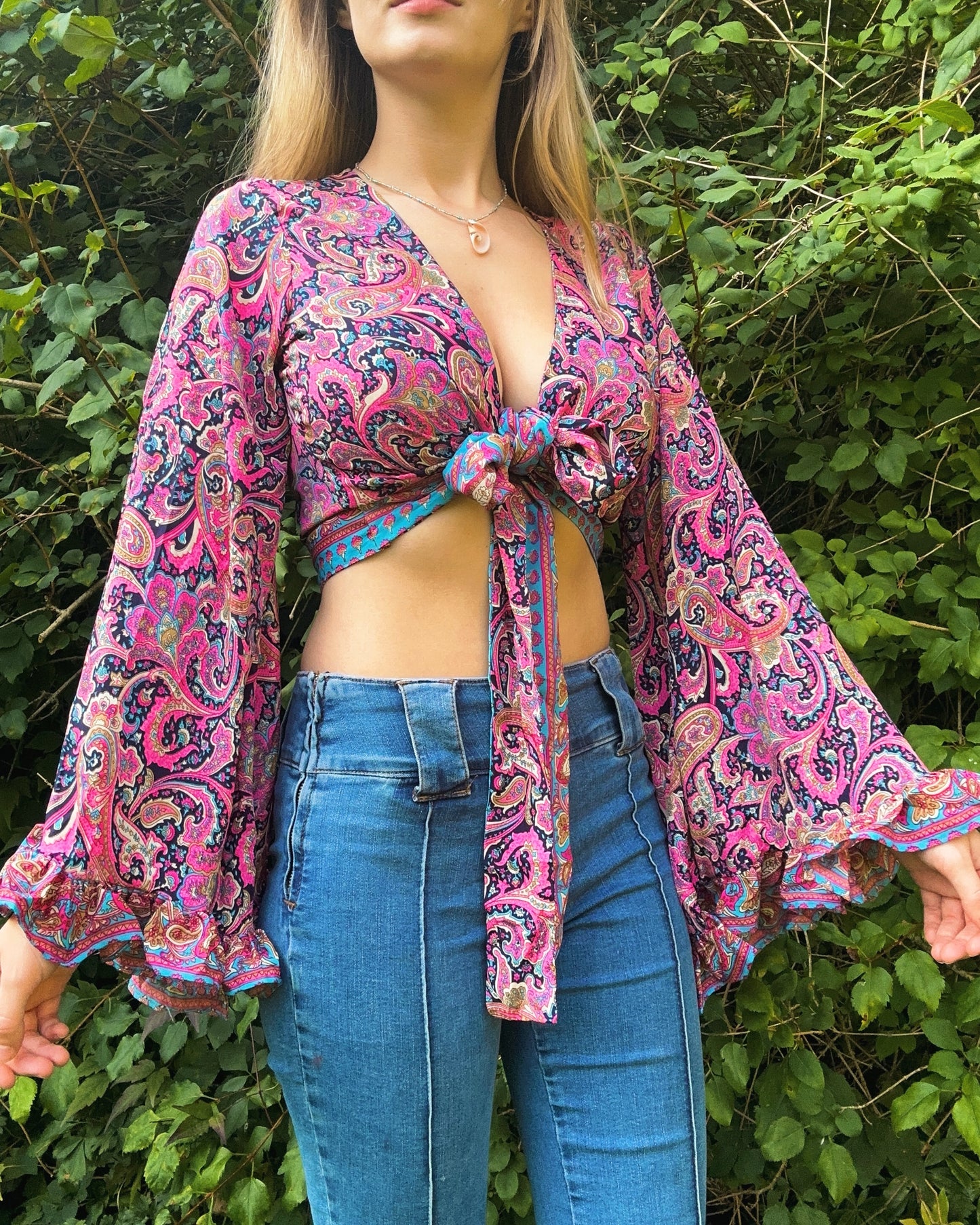 Ruffle Wrap Top in Pink Paisley