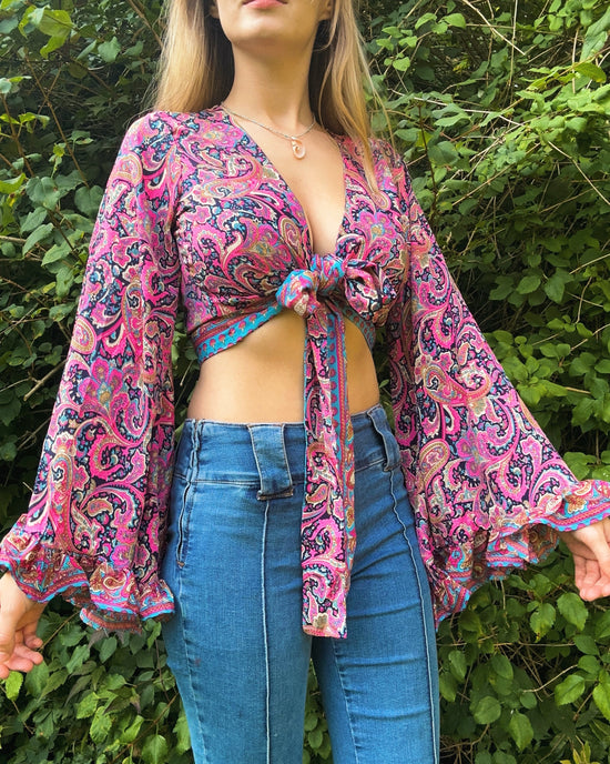 Ruffle Wrap Top in Pink Paisley