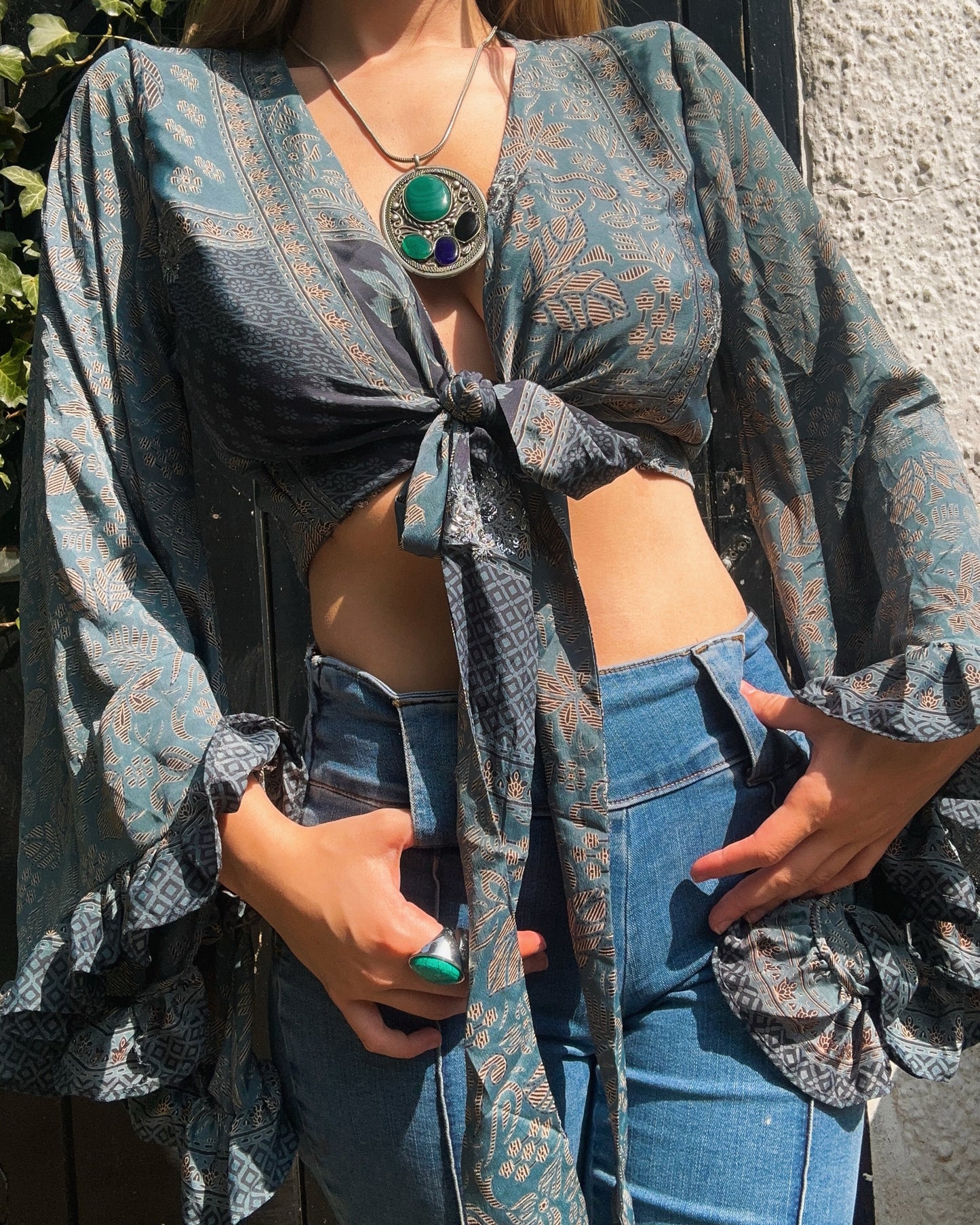 Ruffle Wrap Top in Denim