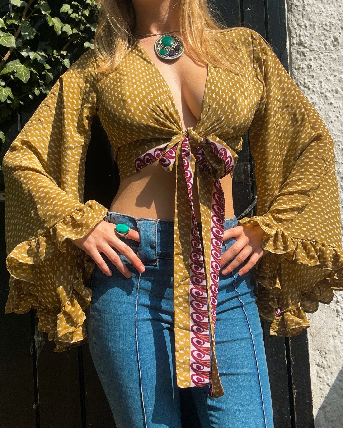 Ruffle Wrap Top in Olive