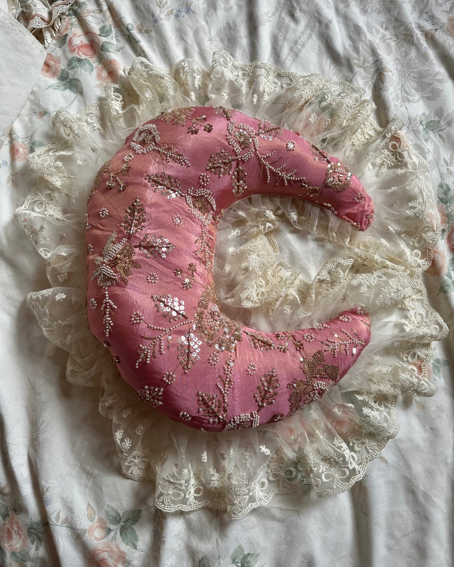 Moon Shaped Lace Pillow in Pink Moon