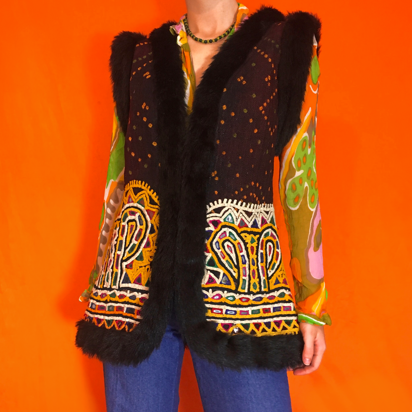 Load image into Gallery viewer, Vintage 1970&amp;#39;s Woodstock Afghan Faux Fur Vest

