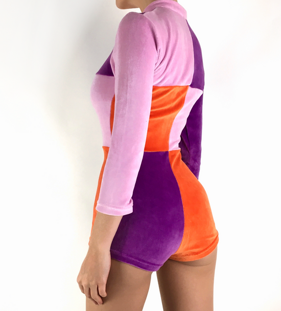 Load image into Gallery viewer, The Velvet Colour Block Playsuit in Cosmic Candy
