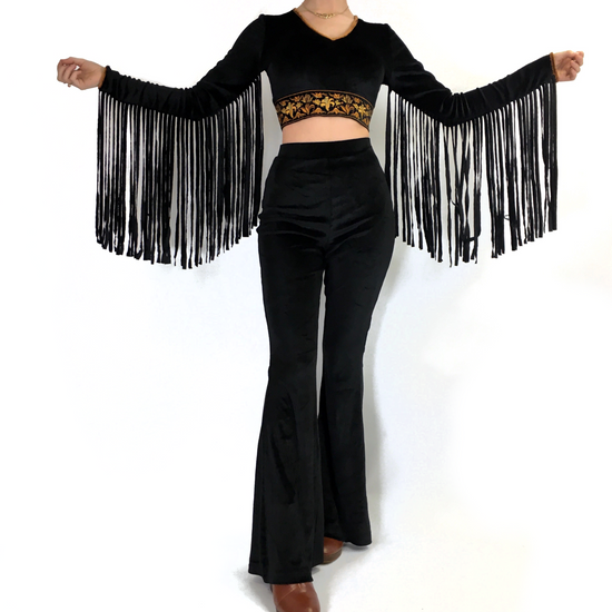 The Orchid Fringe Black Crop Top in Gold Dust Woman