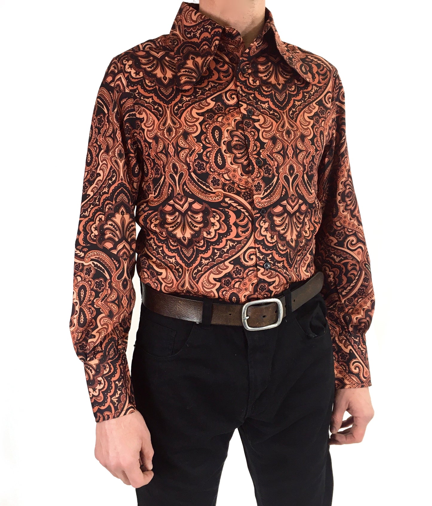 Load image into Gallery viewer, Mens Psychedelic Satin Shirt in Whiskey
