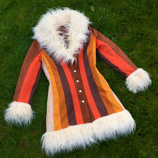 Womens SAMPLE - Patchwork Stripe Faux Fur Coat Size S