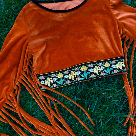 Womens SAMPLE - Orange Velvet Fringe Top Size S